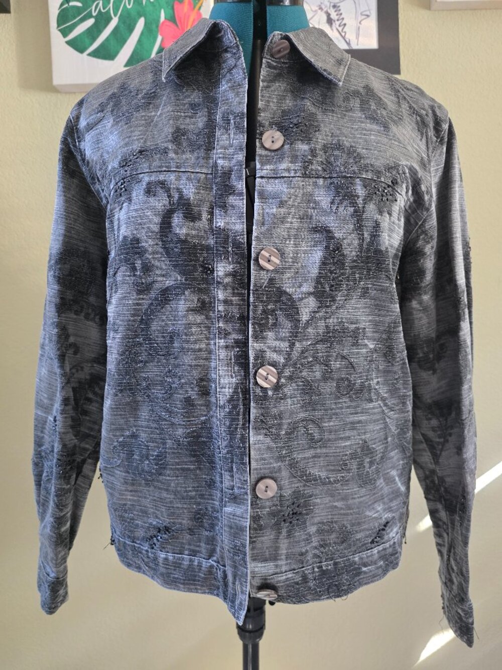 Coldwater Creek Damask Floral Denim Jacket – Grey Distressed Beaded Trucker
